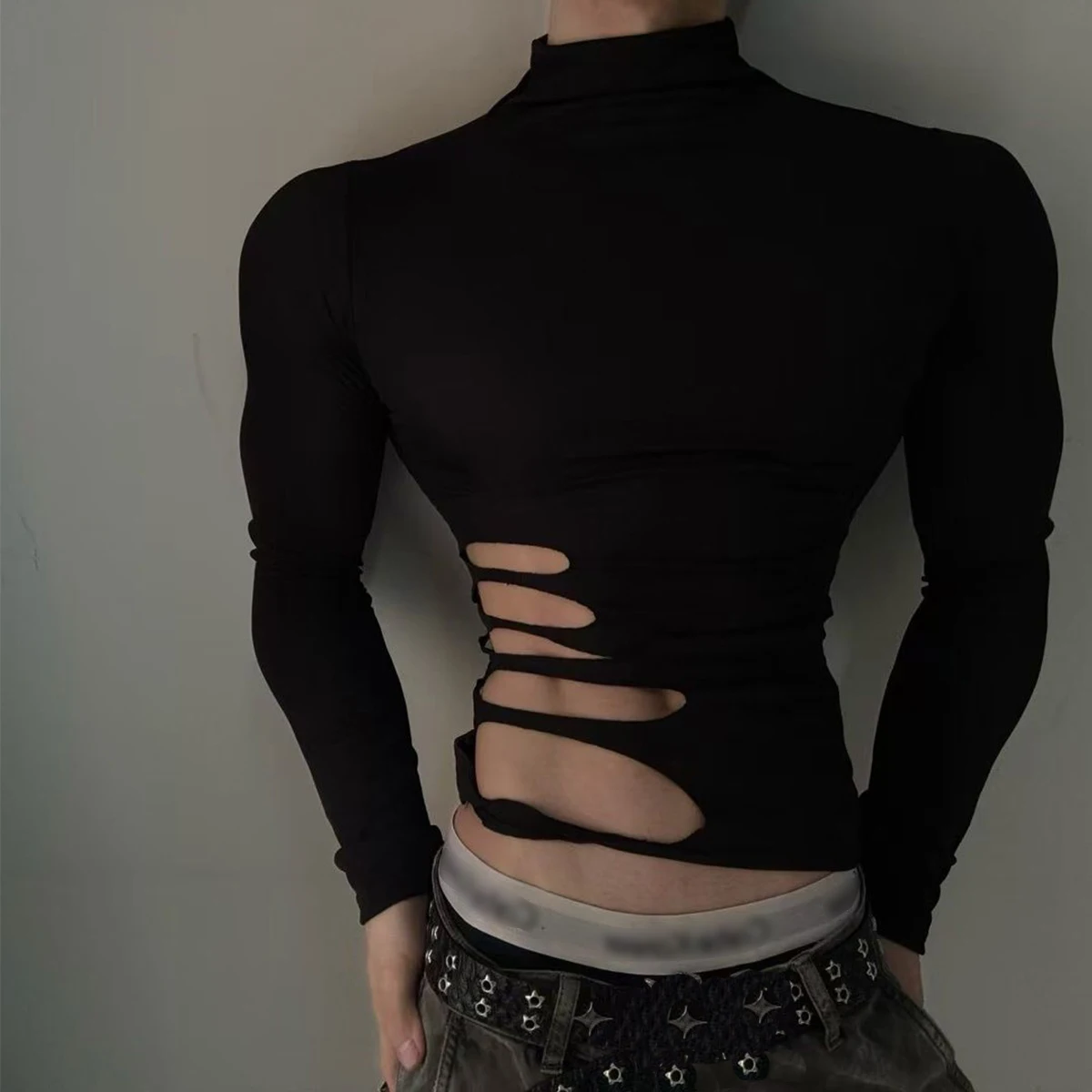 Men Summer T Shirt Long Sleeve Tee Tops Half Collar Clothing Sexy Muscle Skinny Tshirt Side Cut Hollow Out Ripped Slim Autumn