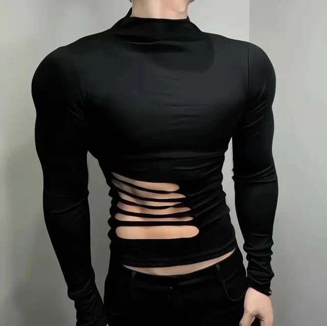 Men Summer T Shirt Long Sleeve Tee Tops Half Collar Clothing Sexy Muscle Skinny Tshirt Side Cut Hollow Out Ripped Slim Autumn