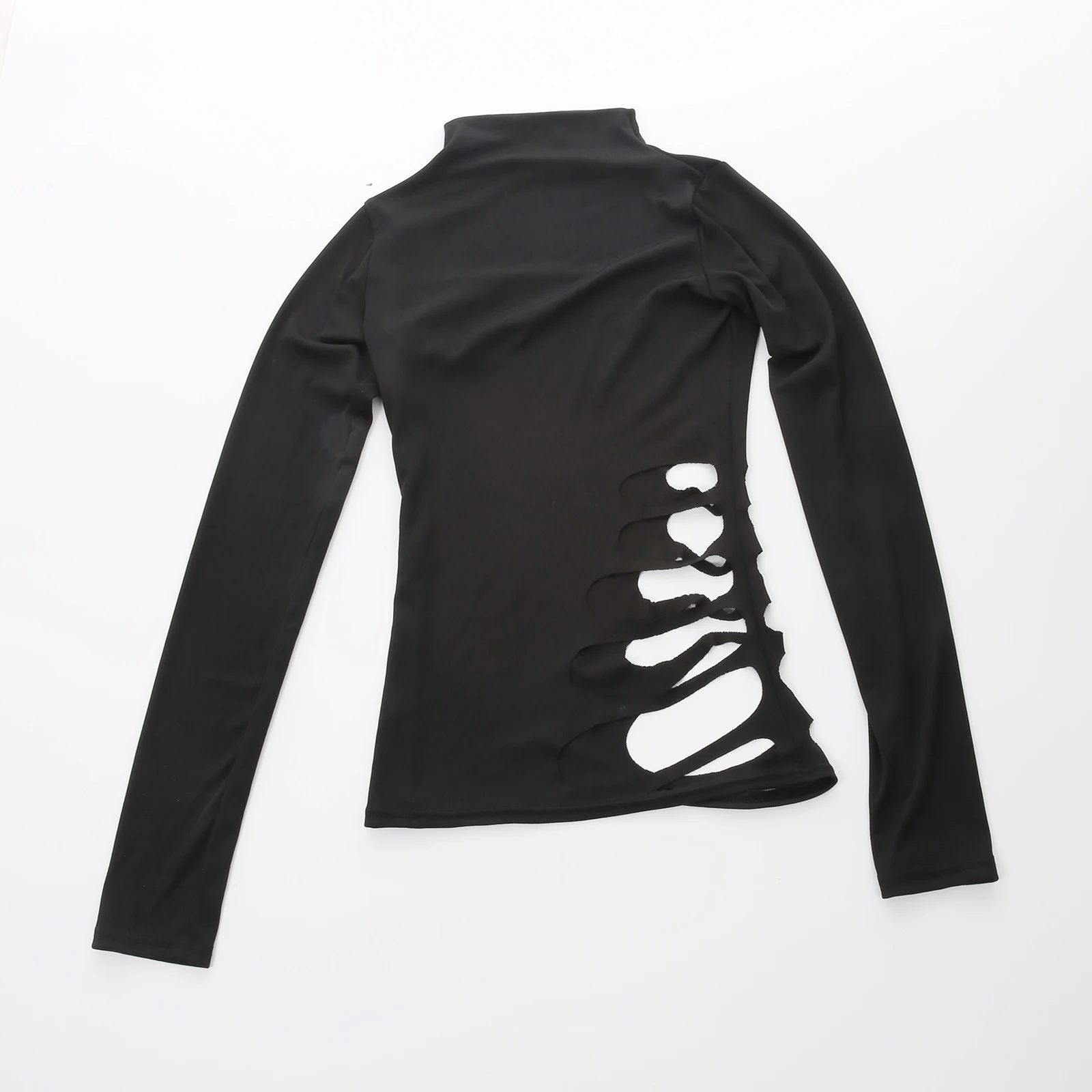 Men Summer T Shirt Long Sleeve Tee Tops Half Collar Clothing Sexy Muscle Skinny Tshirt Side Cut Hollow Out Ripped Slim Autumn