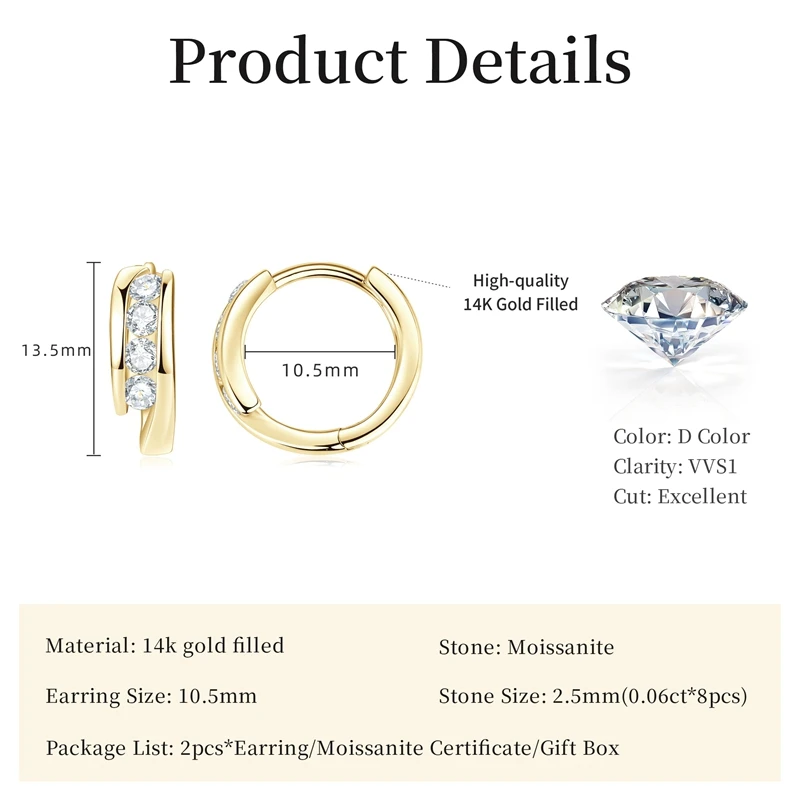 Lnngy Certified 2.5mm Moissanite Earrings 14K Gold Filled Hoop Earring For Women Temperament Versatile Female Jewelry Gift