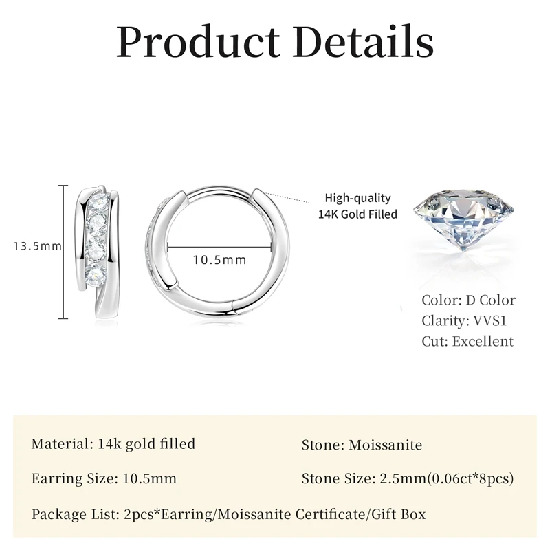 Lnngy Certified 2.5mm Moissanite Earrings 14K Gold Filled Hoop Earring For Women Temperament Versatile Female Jewelry Gift