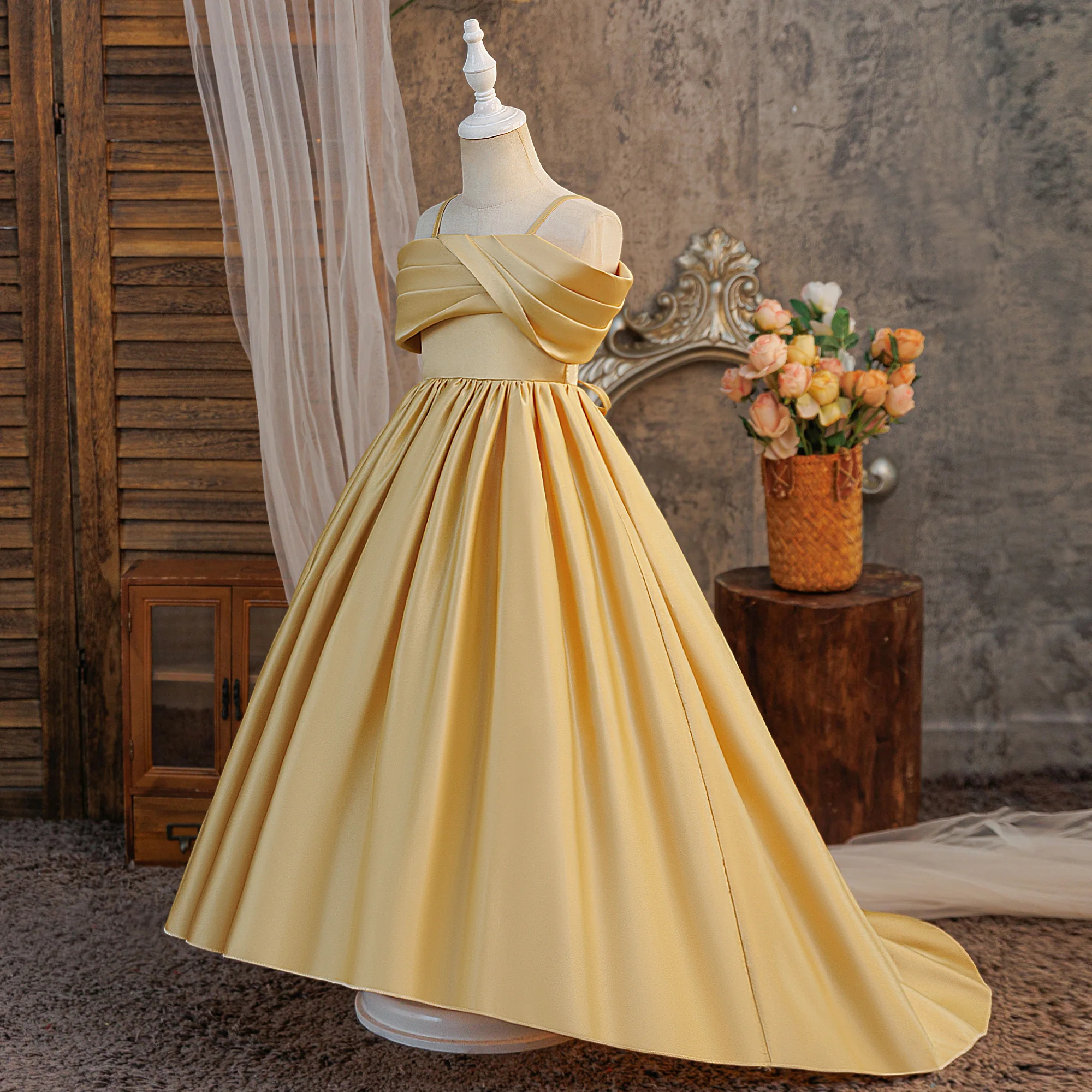Elegant Fold Bridesmaids Party Girls Dress Formal Wedding Birthday Prom Gown Gala Girl Graduation Pageant Princess Evening Dress