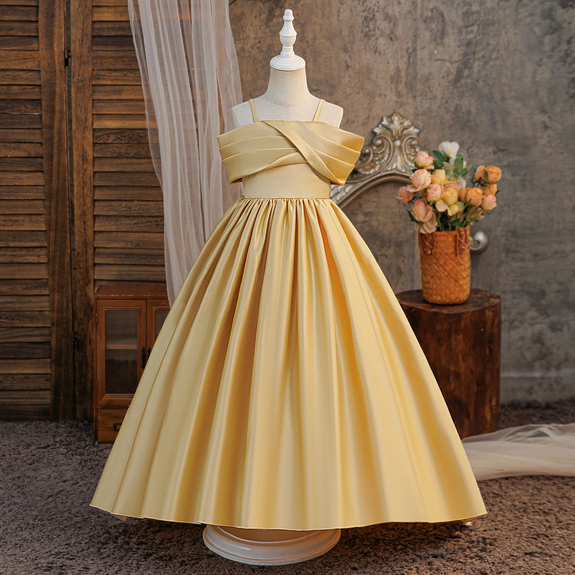 Elegant Fold Bridesmaids Party Girls Dress Formal Wedding Birthday Prom Gown Gala Girl Graduation Pageant Princess Evening Dress