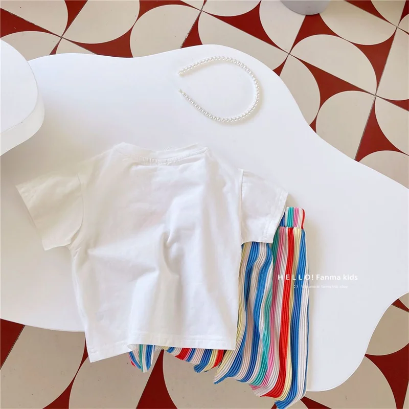 Girls Shorts-sleeve Sets Summer Kids Fashion T-Shirt+Striped Pants 2Pcs Toddler Casual Clothing Suits Children Print Outfits