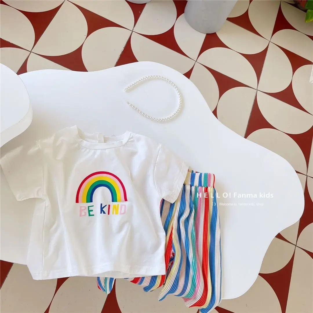 Girls Shorts-sleeve Sets Summer Kids Fashion T-Shirt+Striped Pants 2Pcs Toddler Casual Clothing Suits Children Print Outfits