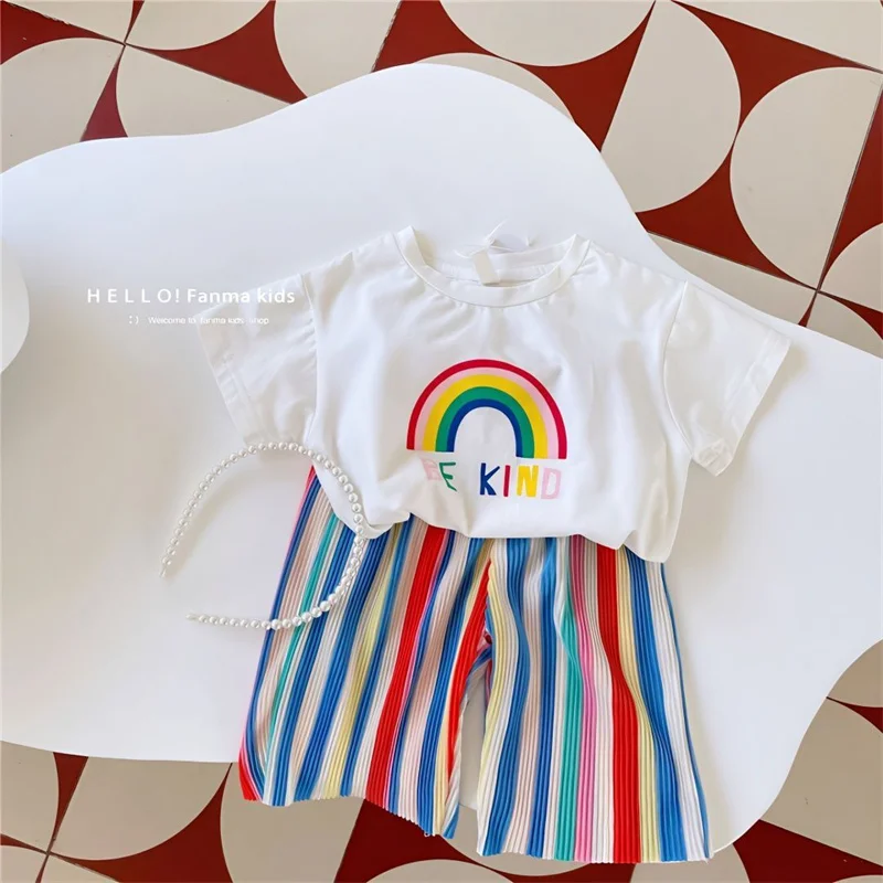 Girls Shorts-sleeve Sets Summer Kids Fashion T-Shirt+Striped Pants 2Pcs Toddler Casual Clothing Suits Children Print Outfits