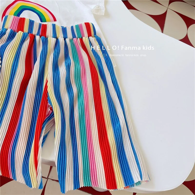 Girls Shorts-sleeve Sets Summer Kids Fashion T-Shirt+Striped Pants 2Pcs Toddler Casual Clothing Suits Children Print Outfits