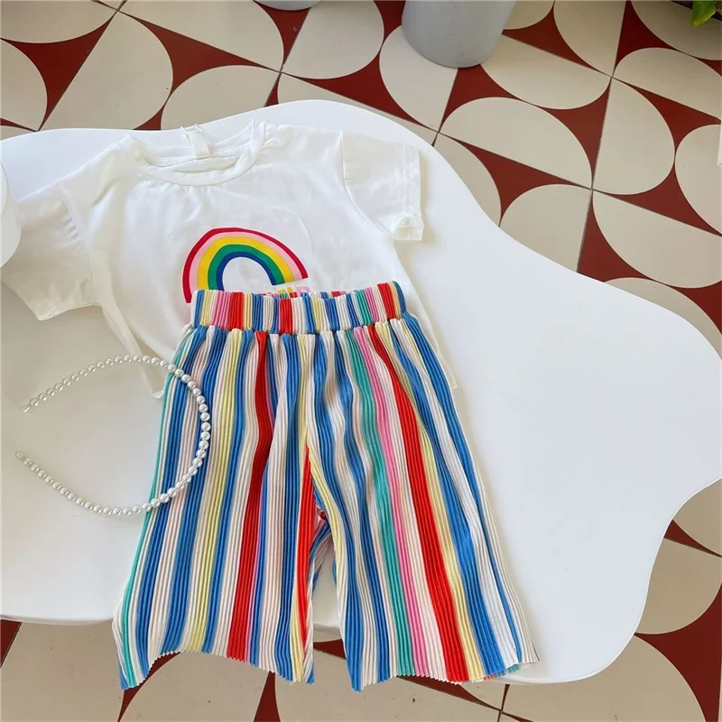 Girls Shorts-sleeve Sets Summer Kids Fashion T-Shirt+Striped Pants 2Pcs Toddler Casual Clothing Suits Children Print Outfits