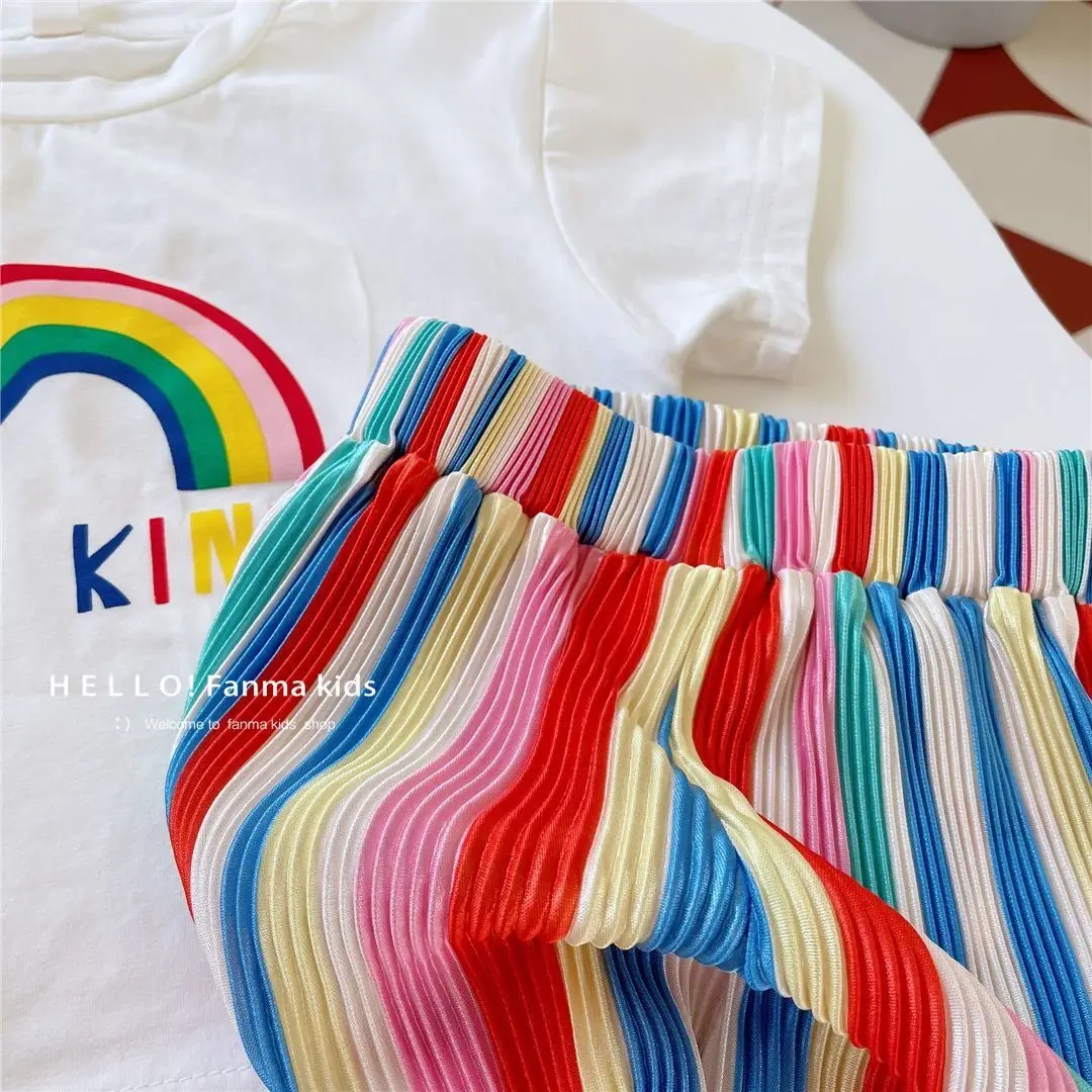 Girls Shorts-sleeve Sets Summer Kids Fashion T-Shirt+Striped Pants 2Pcs Toddler Casual Clothing Suits Children Print Outfits