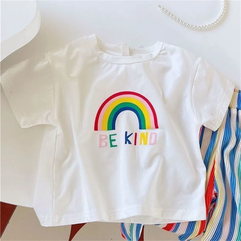 Girls Shorts-sleeve Sets Summer Kids Fashion T-Shirt+Striped Pants 2Pcs Toddler Casual Clothing Suits Children Print Outfits