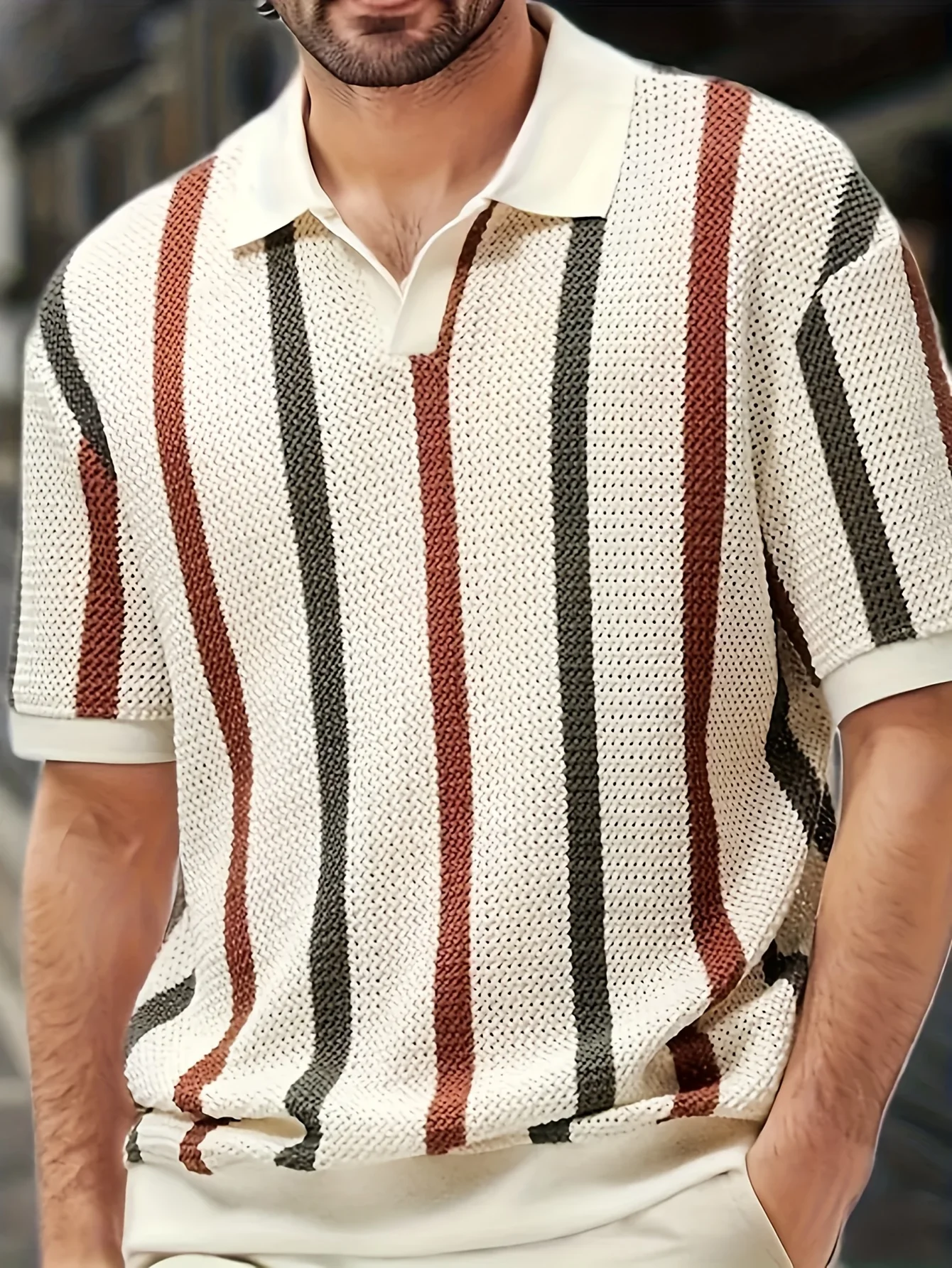 Men's New Summer Striped Sheer Design Knitted Crew-Neck Sweater - Versatile and Fashionable Short-Sleeved Pullover Shirt