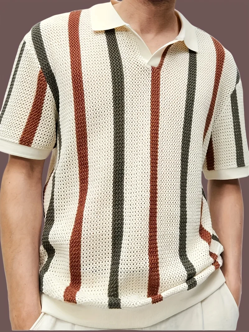 Men's New Summer Striped Sheer Design Knitted Crew-Neck Sweater - Versatile and Fashionable Short-Sleeved Pullover Shirt