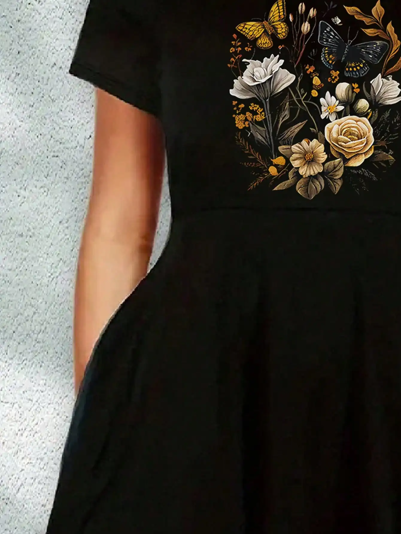 2026 Women's Casual Plus Size Spring/Summer Butterfly Flower Print Round Neck Loose Solid Color Short Sleeved Dress Long Skirt