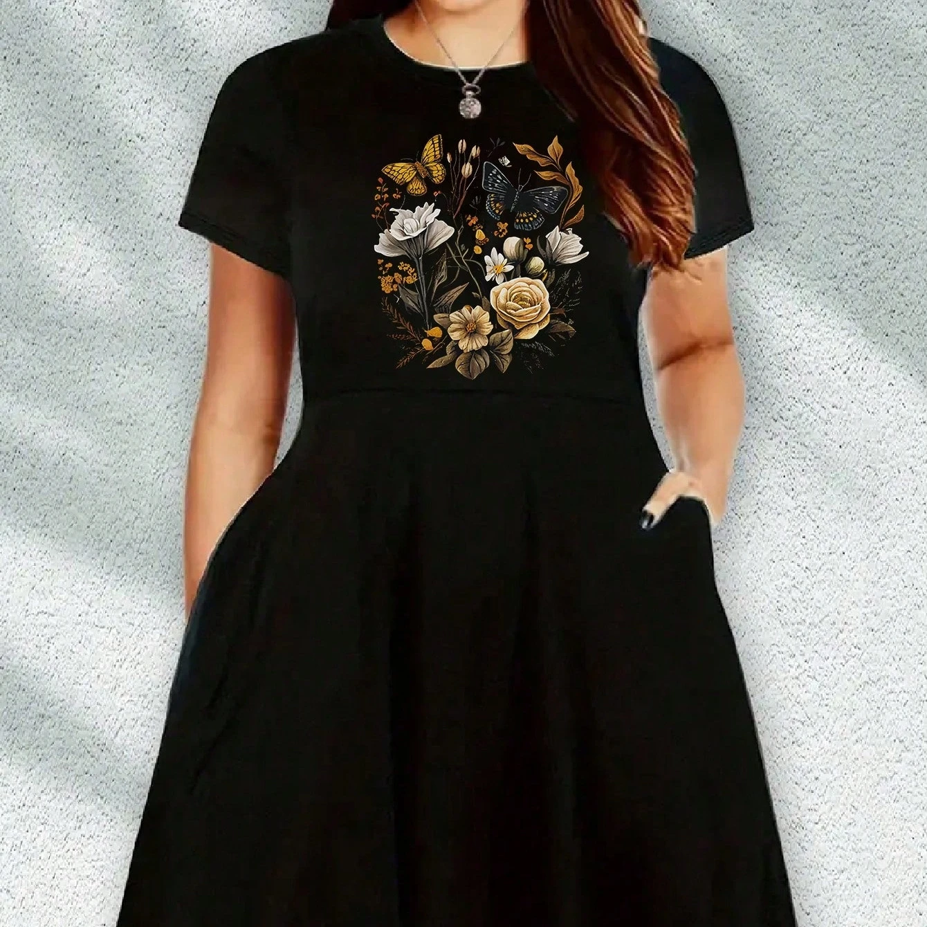 2026 Women's Casual Plus Size Spring/Summer Butterfly Flower Print Round Neck Loose Solid Color Short Sleeved Dress Long Skirt