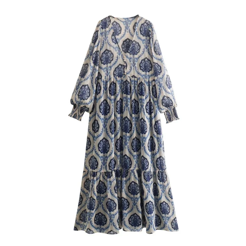 Women's Spring Summer Casual V-Neck Long Sleeve Printed Maxi Dress, Lightweight and Comfortable for Daily Wear