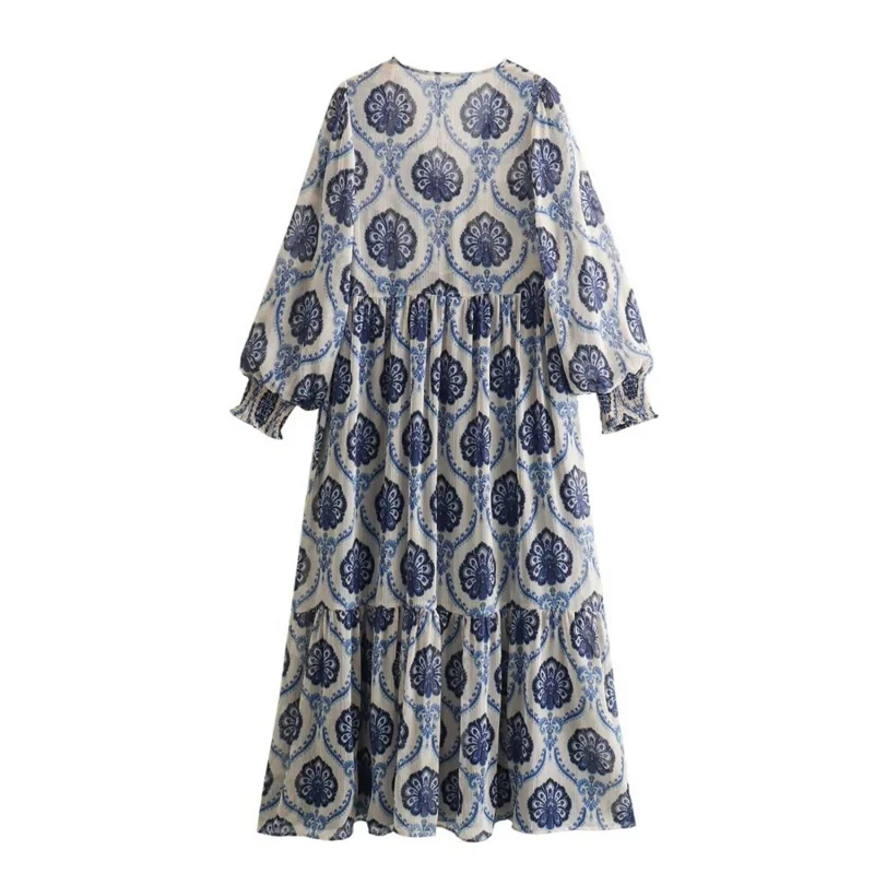 Women's Spring Summer Casual V-Neck Long Sleeve Printed Maxi Dress, Lightweight and Comfortable for Daily Wear