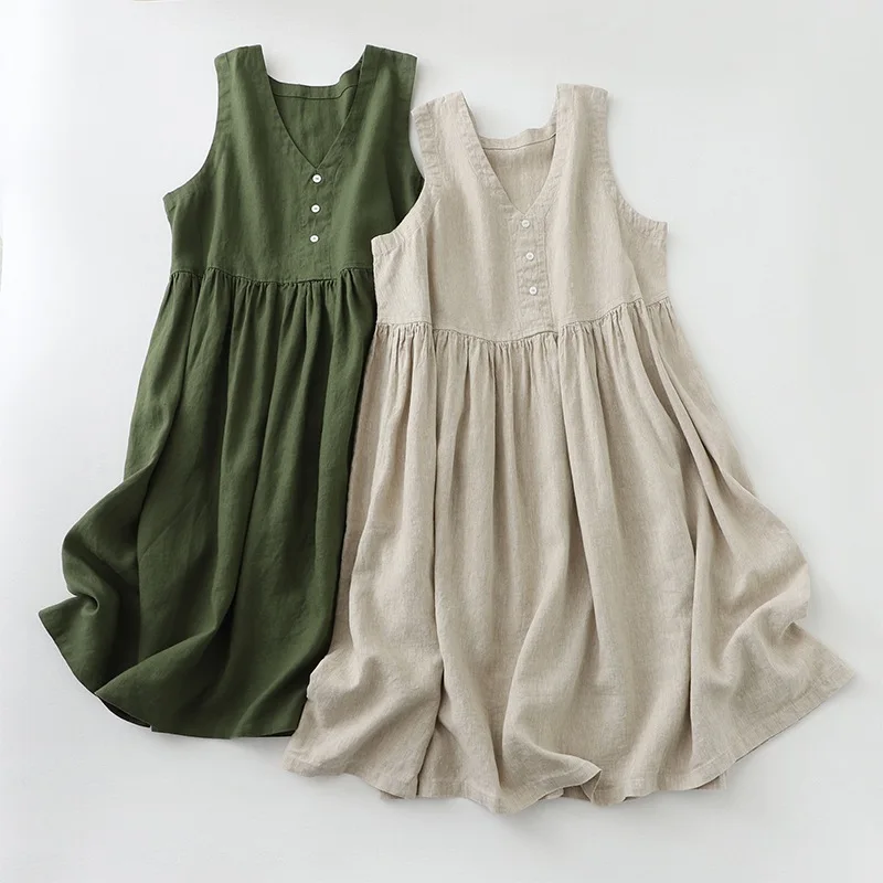 2026 New Women's Cotton Linen Sleeveless Dress Casual Button Down Loose Midi Dresses for Summer Women's Casual Dresses