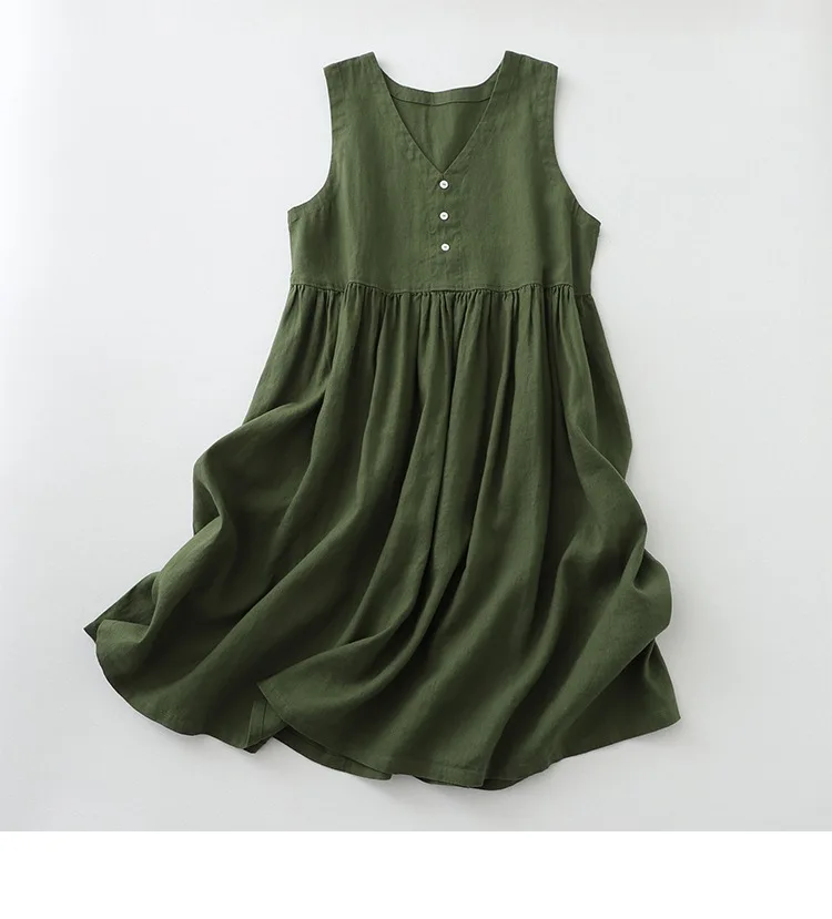 2026 New Women's Cotton Linen Sleeveless Dress Casual Button Down Loose Midi Dresses for Summer Women's Casual Dresses