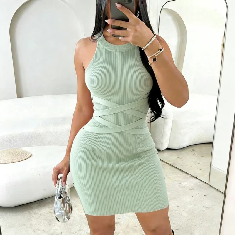 Women's Green Halter Neck Crisscross Bandage Sundress Stretchy Ribbed Knit Bodycon Mini Dress Party Clubwear Dress Outfits