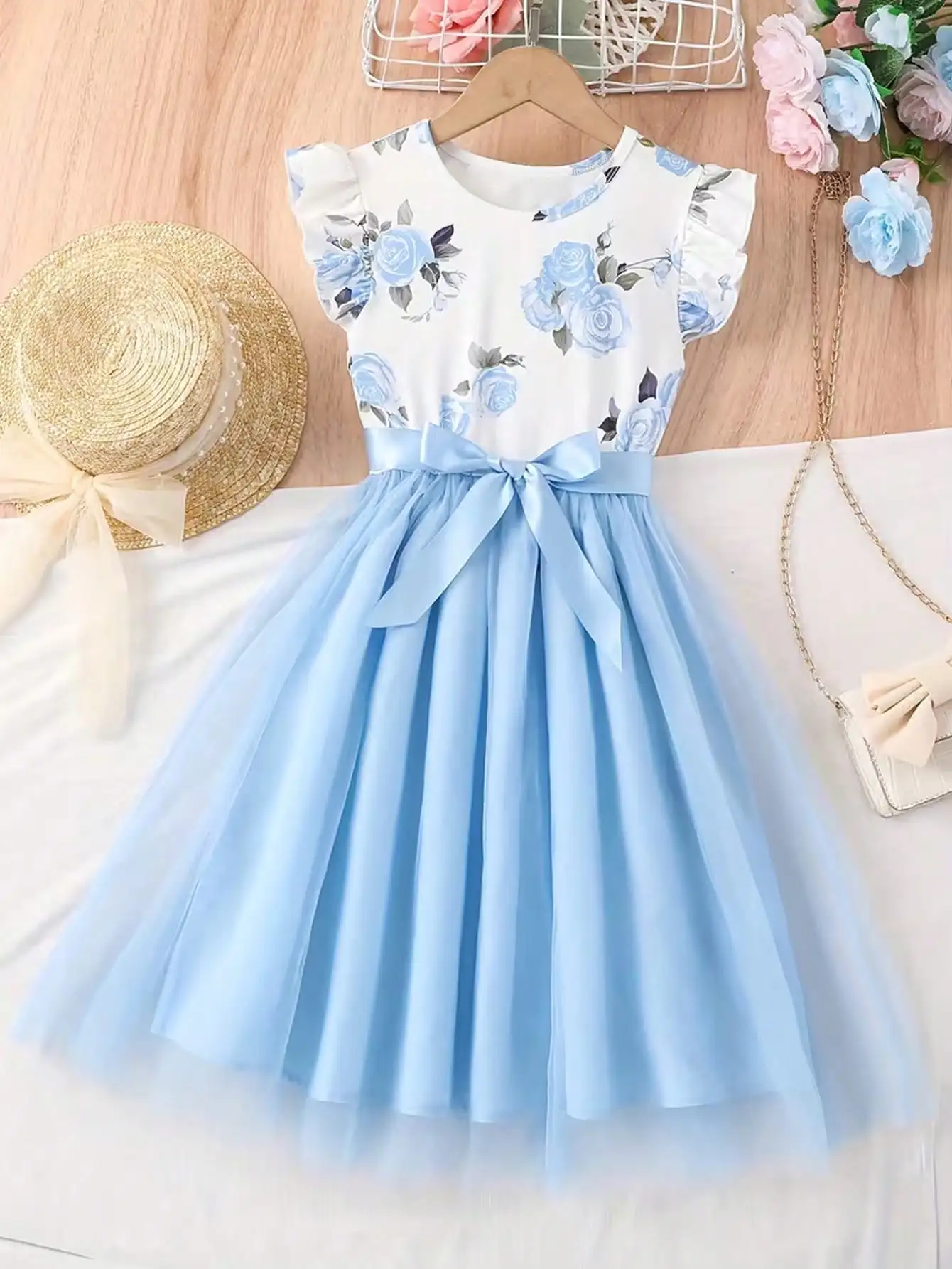 2026 Casual Sweet Girl Patchwork Floral Short-Sleeved Dress, Solid Color Round Neck Top, Summer Casual Floral Dress Gift