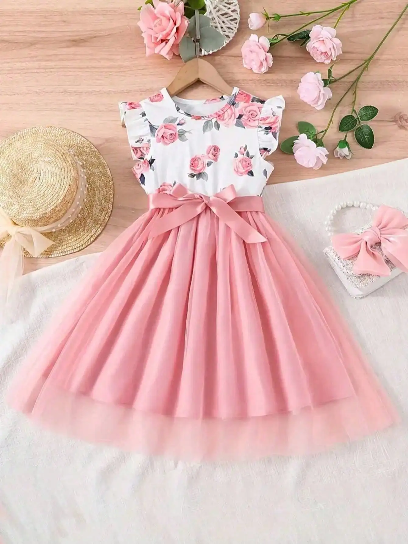2026 Casual Sweet Girl Patchwork Floral Short-Sleeved Dress, Solid Color Round Neck Top, Summer Casual Floral Dress Gift