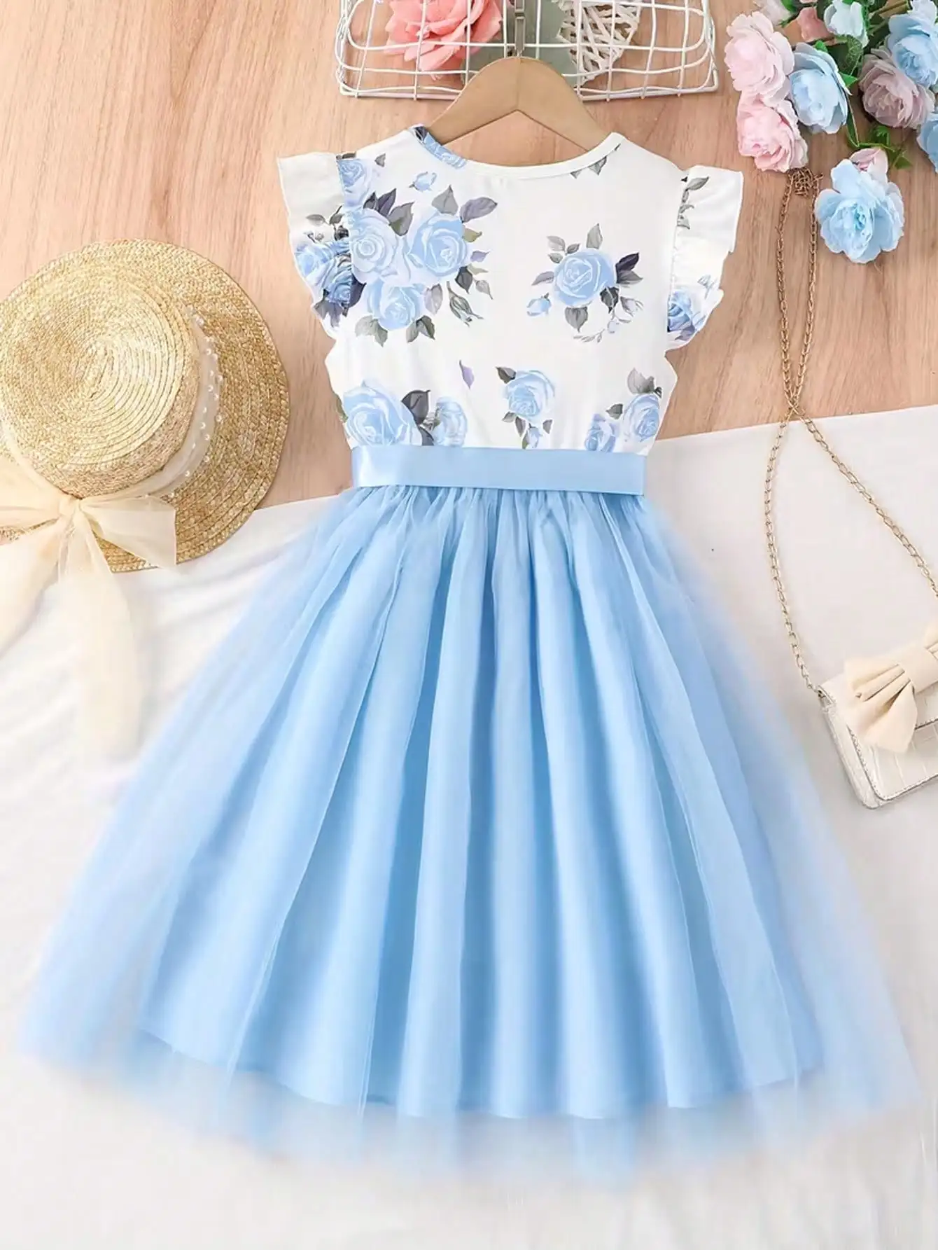 2026 Casual Sweet Girl Patchwork Floral Short-Sleeved Dress, Solid Color Round Neck Top, Summer Casual Floral Dress Gift
