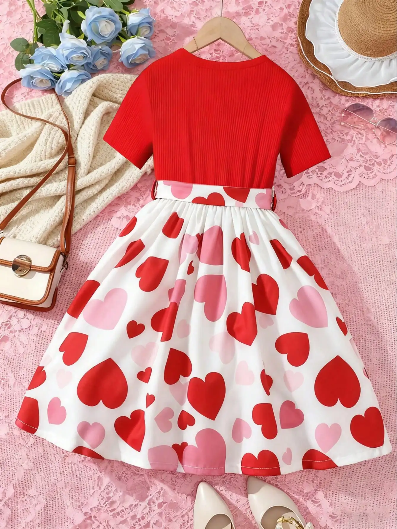 2026 Casual Sweet Girl Patchwork Floral Short-Sleeved Dress, Solid Color Round Neck Top, Summer Casual Floral Dress Gift