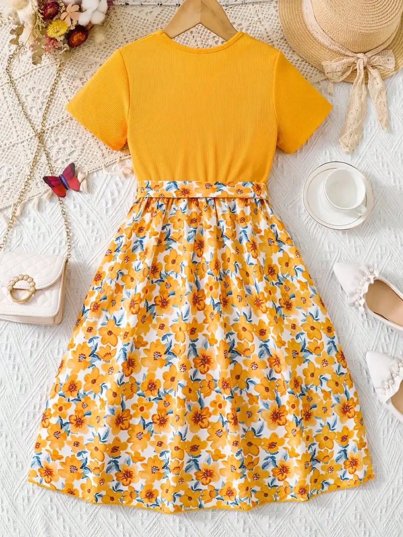2026 Casual Sweet Girl Patchwork Floral Short-Sleeved Dress, Solid Color Round Neck Top, Summer Casual Floral Dress Gift