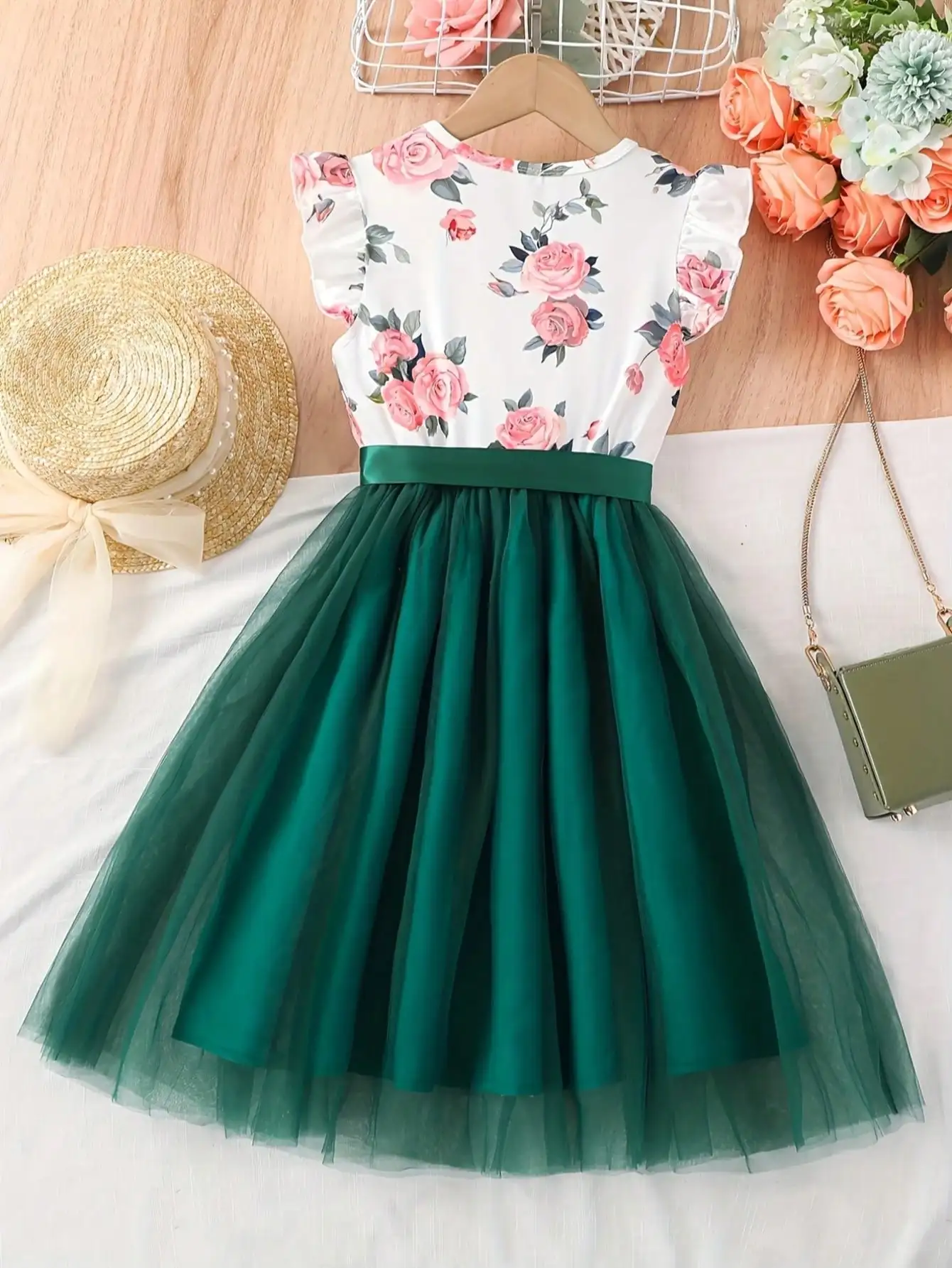 2026 Casual Sweet Girl Patchwork Floral Short-Sleeved Dress, Solid Color Round Neck Top, Summer Casual Floral Dress Gift