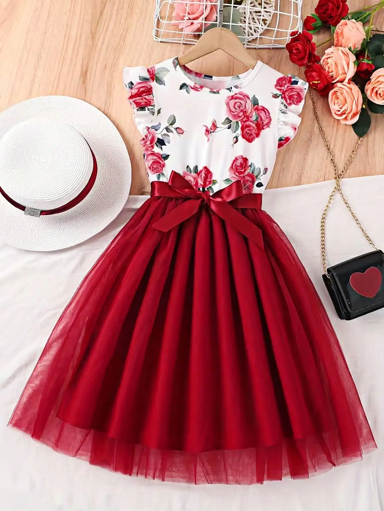 2026 Casual Sweet Girl Patchwork Floral Short-Sleeved Dress, Solid Color Round Neck Top, Summer Casual Floral Dress Gift
