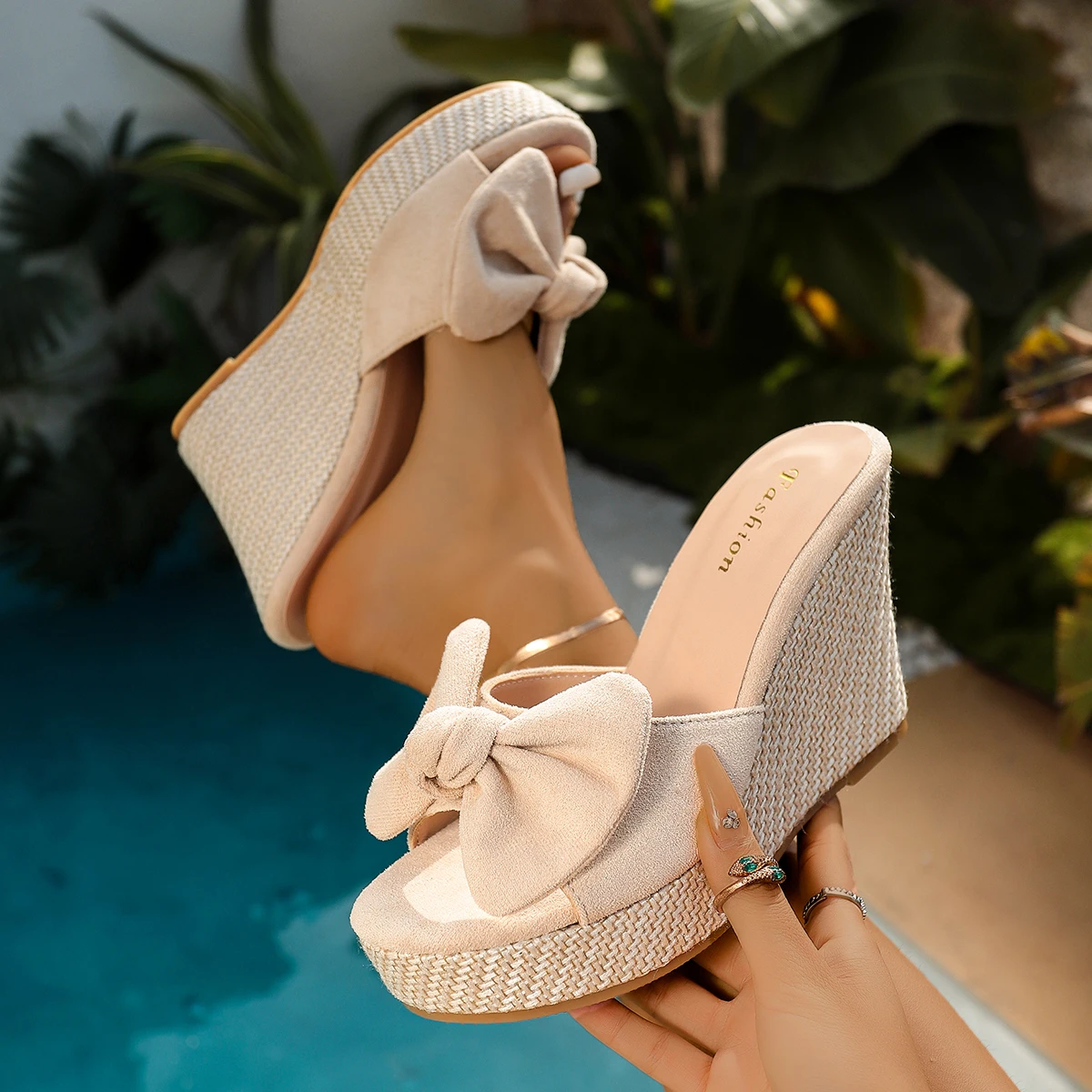 Summer Women's Slippers Wedge Heels High Female Fish Mouth Shoes Thick Bottom Outdoors Sweet Bow Suede Girls Schoolgirl Slides