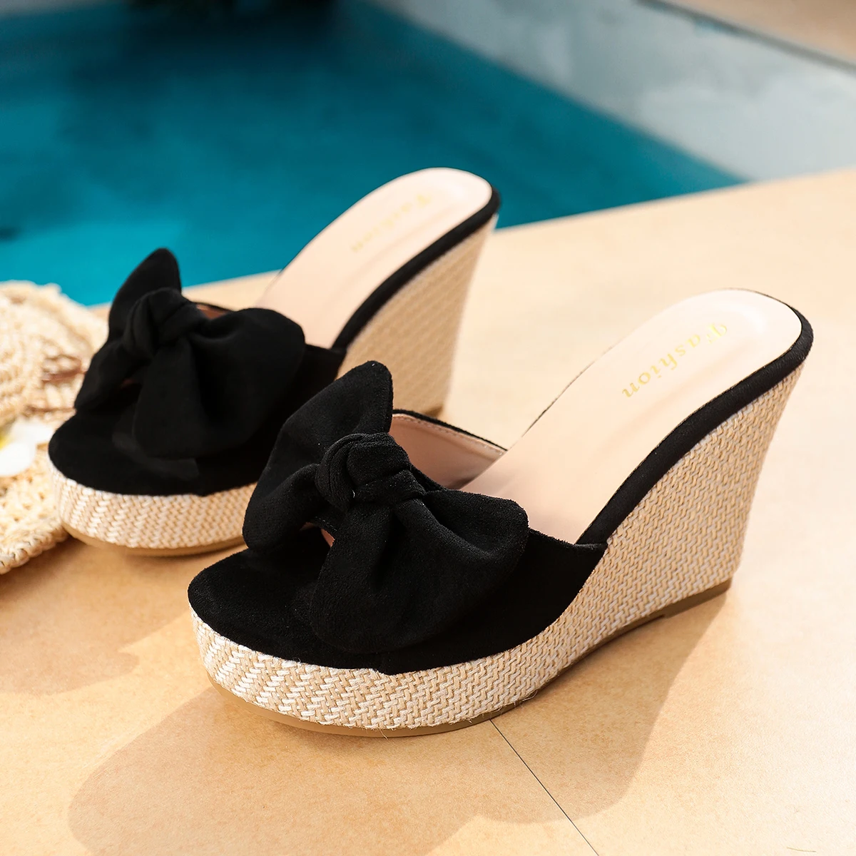 Summer Women's Slippers Wedge Heels High Female Fish Mouth Shoes Thick Bottom Outdoors Sweet Bow Suede Girls Schoolgirl Slides