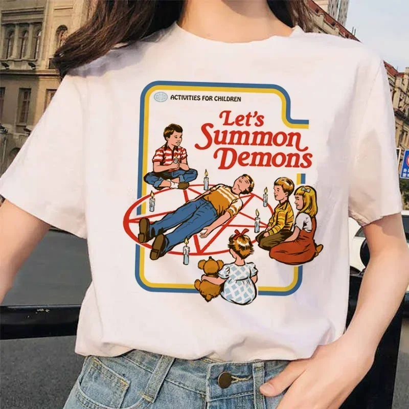 Lets Summon Demons Aesthetics T Shirt Women Summer Casual Harajuku Cartoon Print Satan Short Sleeve Tops Camiseta Mujer