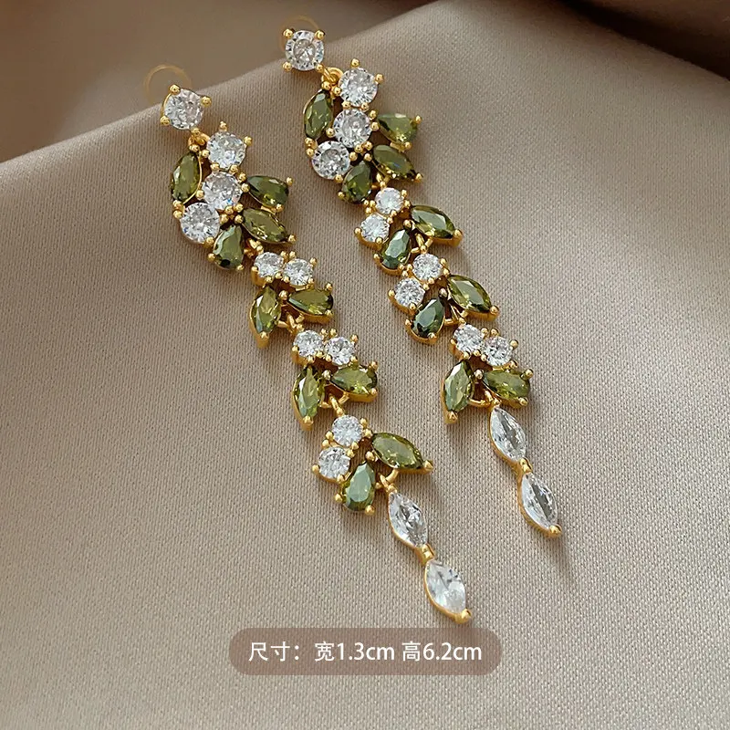 Korean new design fashion jewelry 14K gold plated luxury zircon leaf long tassel earrings elegant women's party accessories