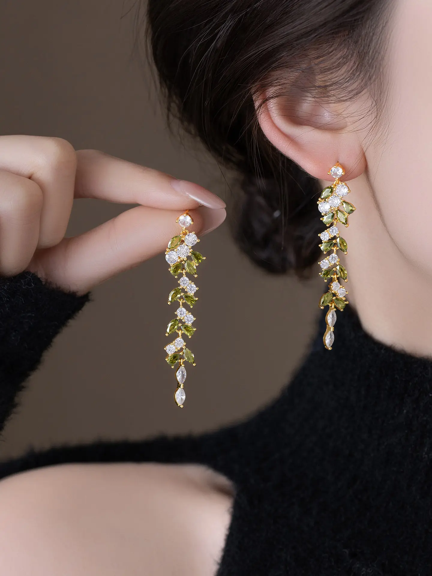 Korean new design fashion jewelry 14K gold plated luxury zircon leaf long tassel earrings elegant women's party accessories