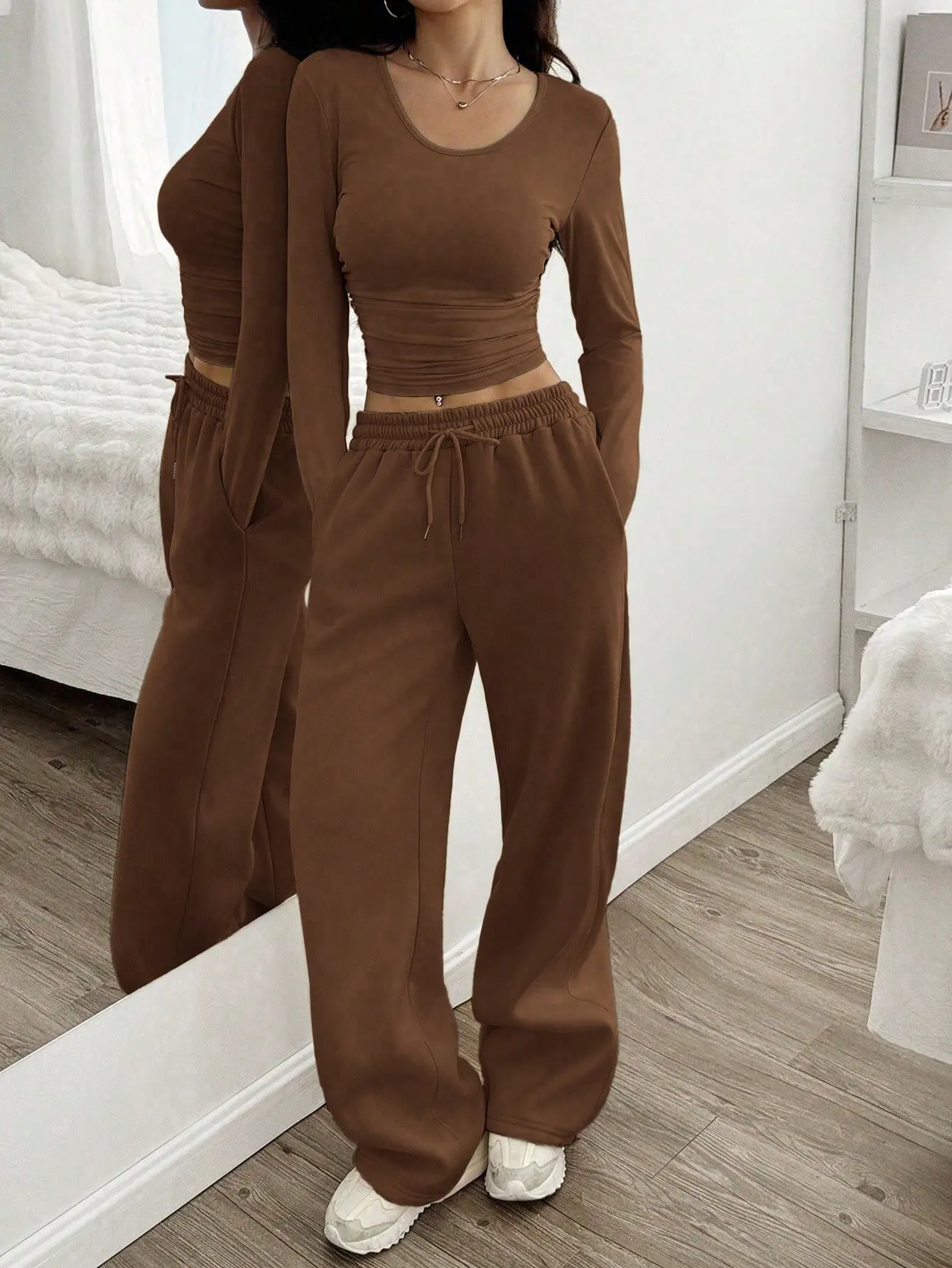 Women's Fashion Casual Wide Leg Pants Long Sleeve Crew Neck Solid Color Slim Two-piece Autumn and Winter Suit