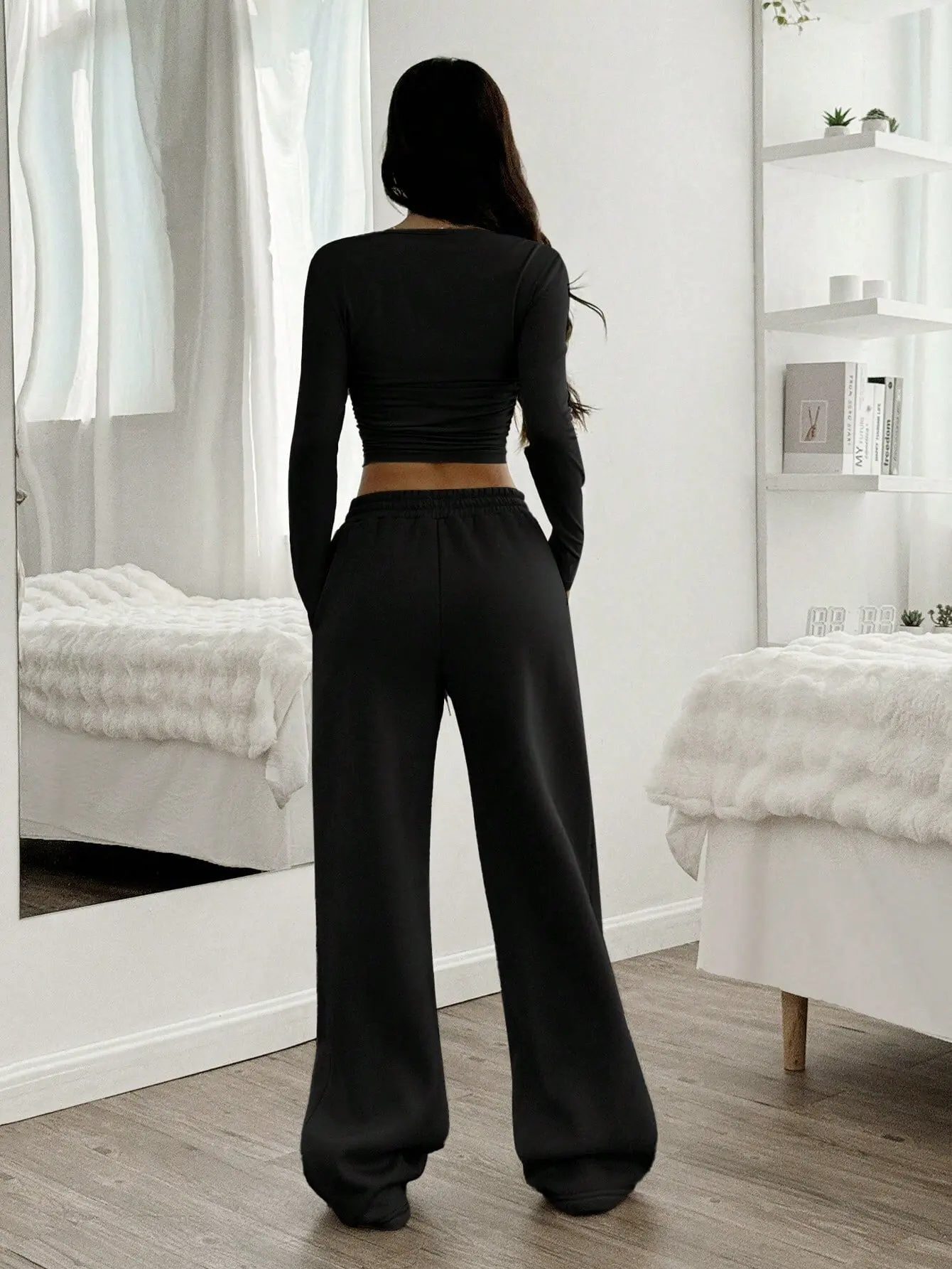 Women's Fashion Casual Wide Leg Pants Long Sleeve Crew Neck Solid Color Slim Two-piece Autumn and Winter Suit