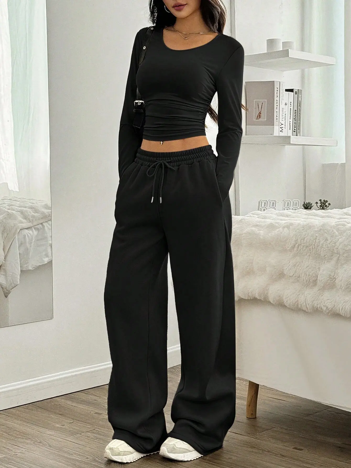 Women's Fashion Casual Wide Leg Pants Long Sleeve Crew Neck Solid Color Slim Two-piece Autumn and Winter Suit