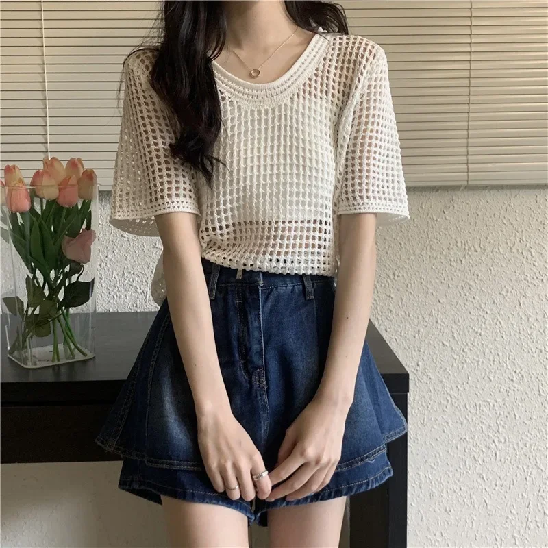 Summer Thin Design Hollow-out Short-Sleeved Sweater Women's Clothing Niche Loose All-Matching Classic Style Smock Top Fashion