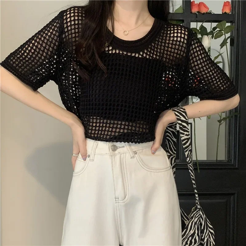 Summer Thin Design Hollow-out Short-Sleeved Sweater Women's Clothing Niche Loose All-Matching Classic Style Smock Top Fashion