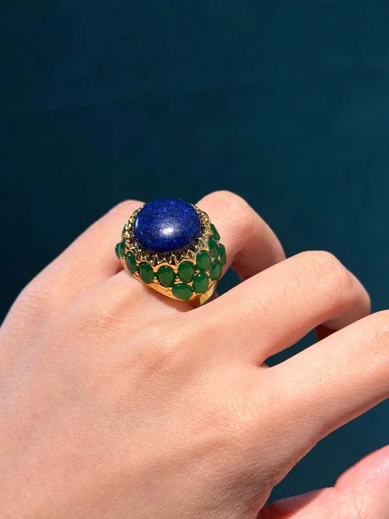 Vintage Round Natural Stone Green Rings Gold Plated Lapis Lazuli Inlay High Gold Color Women Engagement Quality Accessories 2026