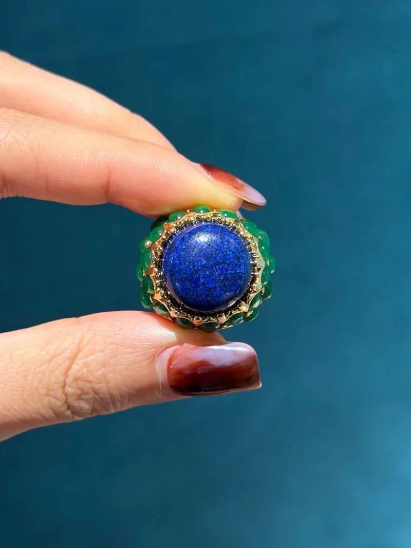 Vintage Round Natural Stone Green Rings Gold Plated Lapis Lazuli Inlay High Gold Color Women Engagement Quality Accessories 2026