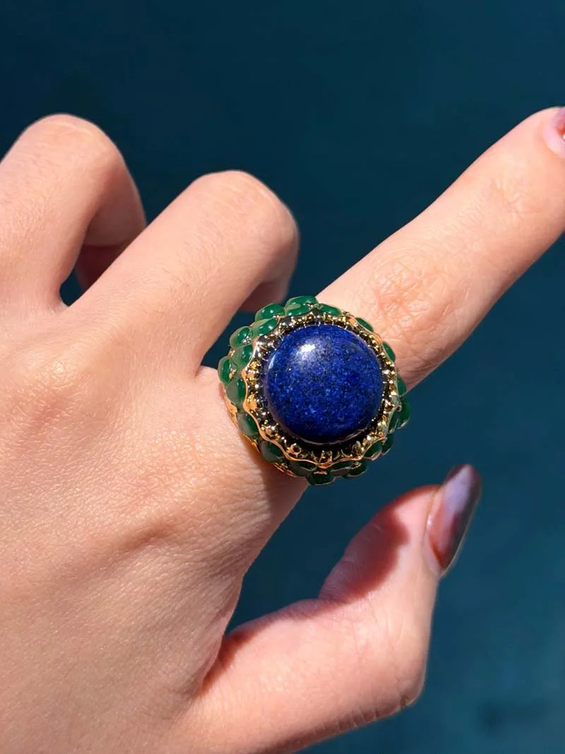 Vintage Round Natural Stone Green Rings Gold Plated Lapis Lazuli Inlay High Gold Color Women Engagement Quality Accessories 2026