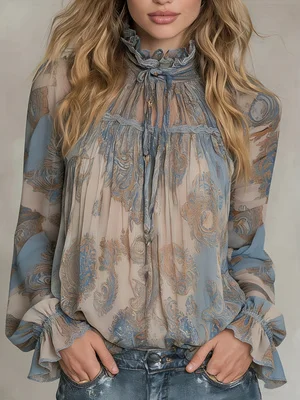 2026 Spring New Collection Retro Paisley Print Chiffon Blouse with Ruffled Stand Collar, Tie-Up Flared Sleeves, Sheer Top, Plus Size Women's Clothing for Work and Vacation