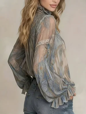 2026 Spring New Collection Retro Paisley Print Chiffon Blouse with Ruffled Stand Collar, Tie-Up Flared Sleeves, Sheer Top, Plus Size Women's Clothing for Work and Vacation