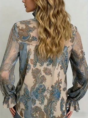 2026 Spring New Collection Retro Paisley Print Chiffon Blouse with Ruffled Stand Collar, Tie-Up Flared Sleeves, Sheer Top, Plus Size Women's Clothing for Work and Vacation