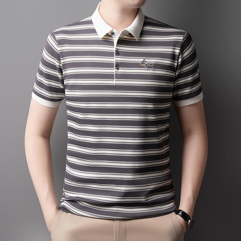 High Quality Men's Polo Shirt, Summer Striped Lapel Short Sleeved T-shirt, Loose Casual Top
