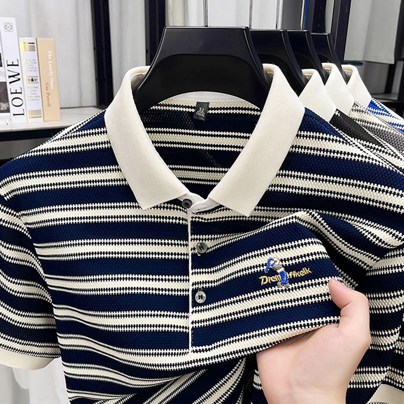 High Quality Men's Polo Shirt, Summer Striped Lapel Short Sleeved T-shirt, Loose Casual Top