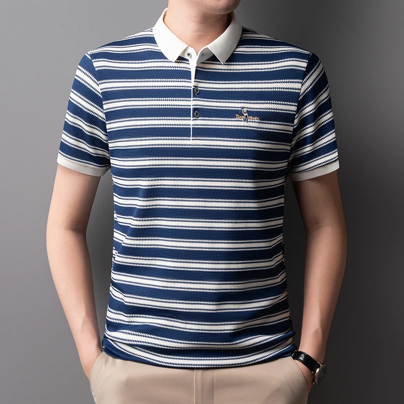 High Quality Men's Polo Shirt, Summer Striped Lapel Short Sleeved T-shirt, Loose Casual Top