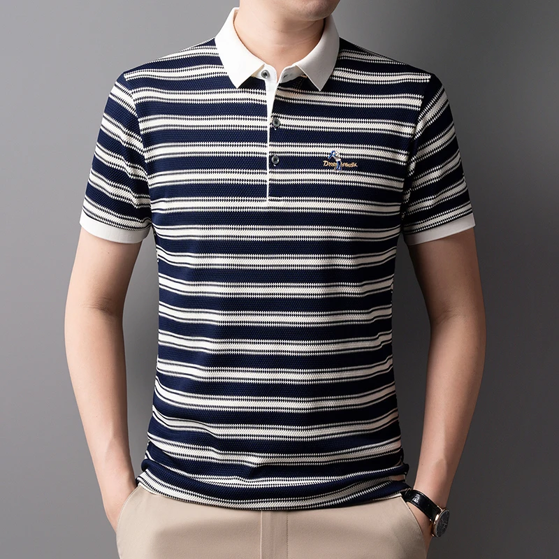 High Quality Men's Polo Shirt, Summer Striped Lapel Short Sleeved T-shirt, Loose Casual Top